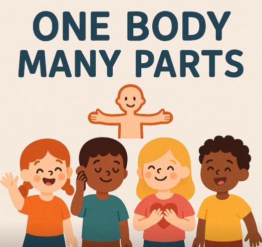 One Body Many Parts session image, title at the top, image of 4 children